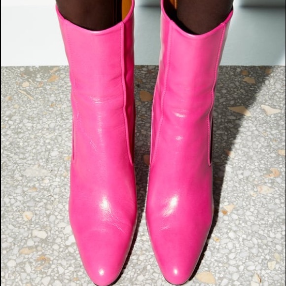 Zara Leather Heeled Ankle Boots w/ Narrow Shaft Pink Color Block NEW. - Picture 4 of 8